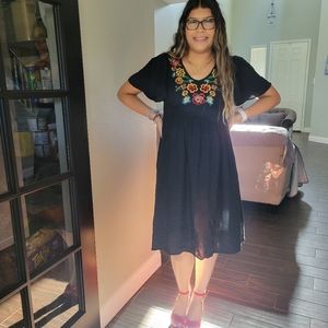 Black Floral Embroidey Ruffled Sleeves Midi Dress